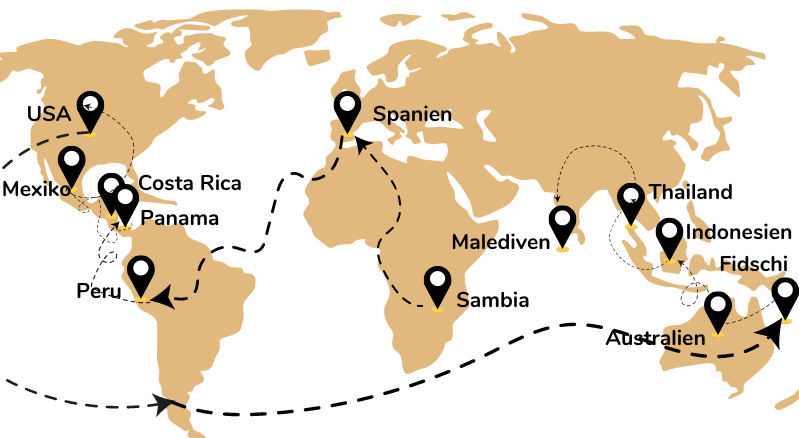 unsere Weltreise, Travelmap, Reiseroute, Reiseziele, Around the World